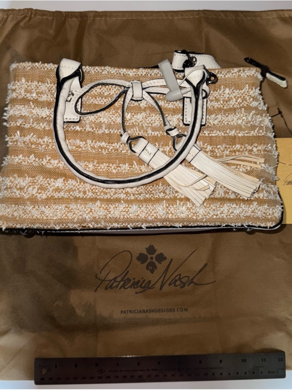 Brand New Patricia Nash Cream & Tan Woven Wristlet with Tassels